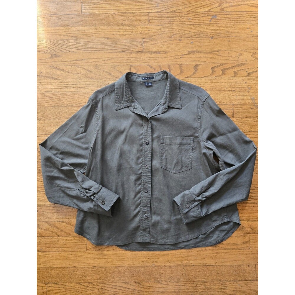 Theory Linen Blend Shirt Womens Medium Long Sleeve Button Up Army Green